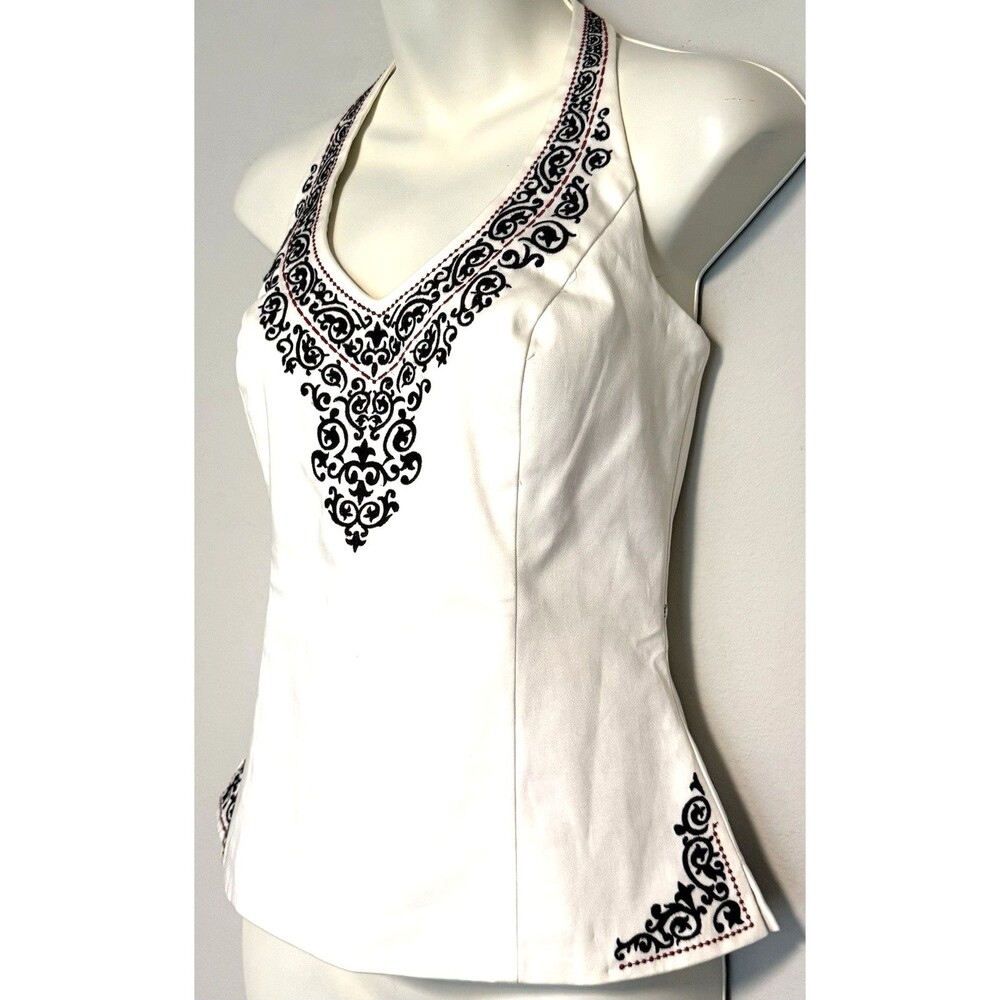 White House Black Market Structured Halter Top Sz US 8 Cotton Embroidered Lined - Picture 4 of 10